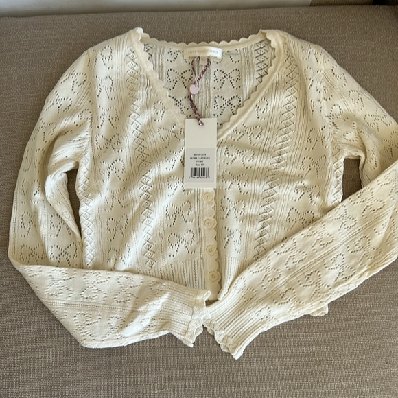 BEST NWT LoveShackFancy Petra Bow Pointelle Cropped Cardigan Ivory White Knit - Picture 5 of 10